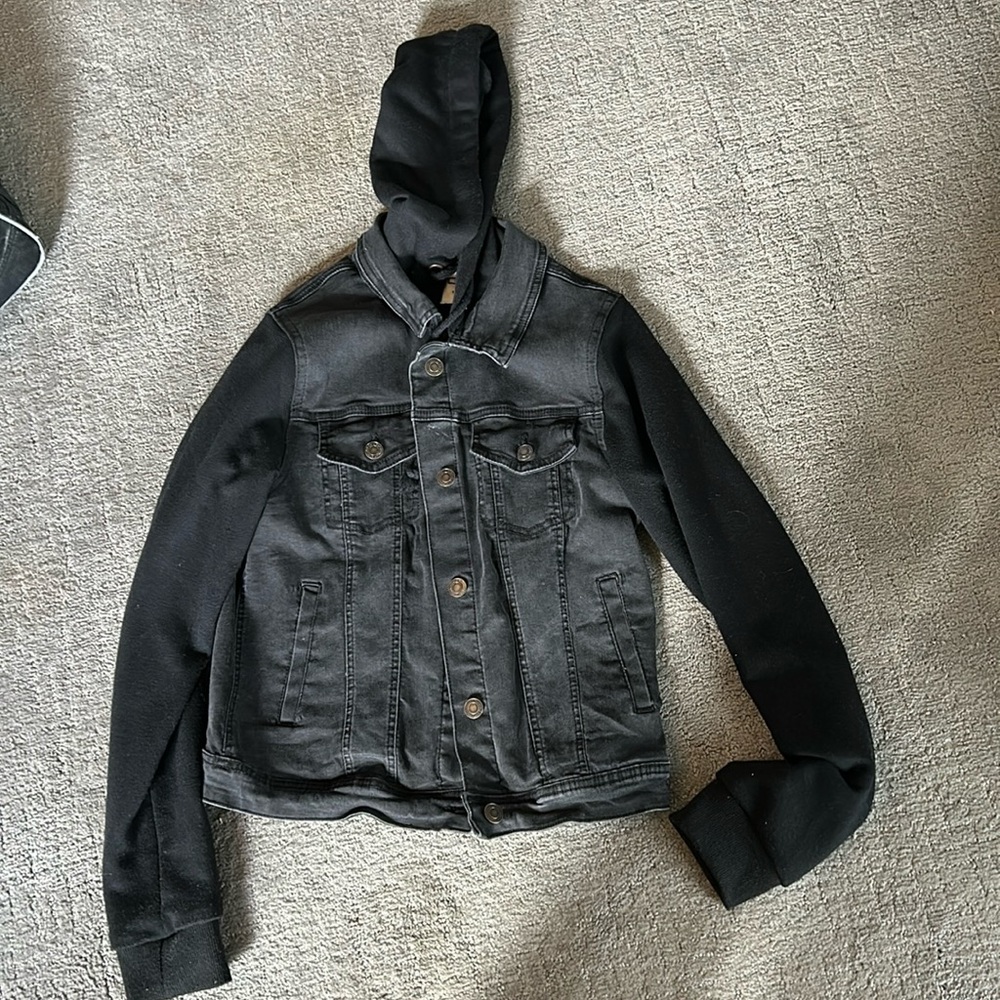 Black stretch Jean jacket, hooded